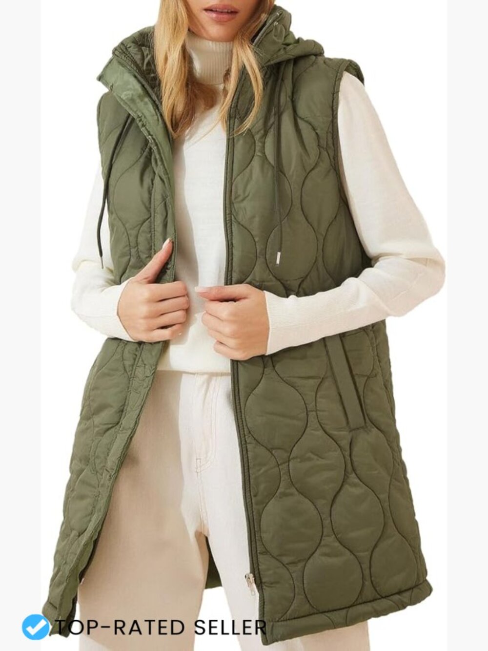 Womens Long Quilted Puffer Vest Hooded Sleeveless Zip Up Winter Layering Coat